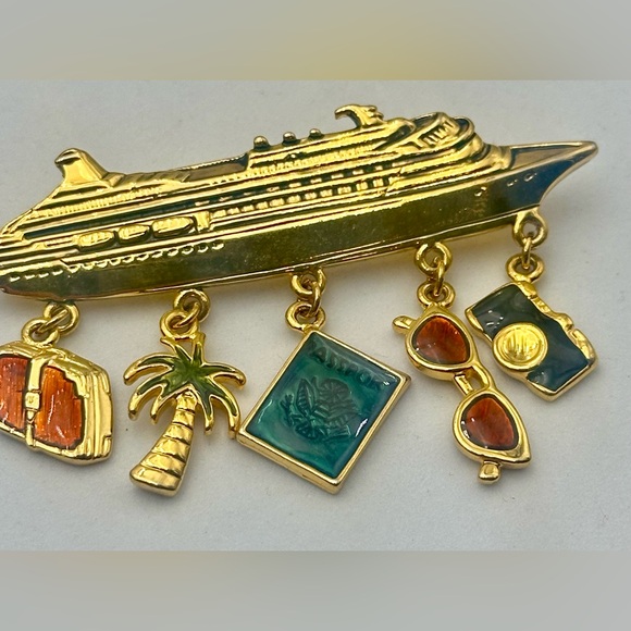 Vintage Gold Cruise Ship Brooch Colorful Charms Enamel Travel Vacation - Picture 2 of 4